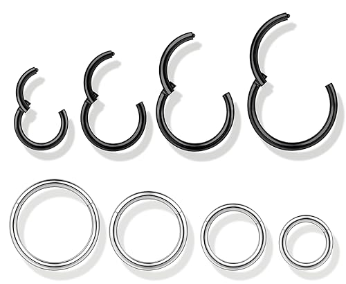 BodyBonita 8 pcs 16 Gauge Septum Rings Lip Rings 316L Stainless Steel Hoop Nose Rings Clicker Jewelry Black Silver Seamless Hinged Body Piercing for Women Men 6mm 8mm 10mm 12mm