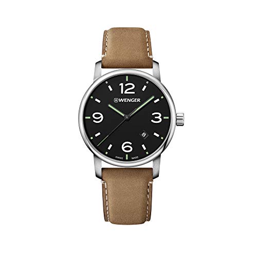 Wenger Men's Classic Stainless Steel Swiss-Quartz Watch with Leather Strap, Brown, 22 (Model: 01.1741.117)