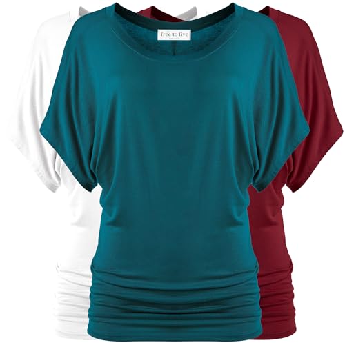 Free to Live 3 Pack Dolman Short Sleeve Business Casual Tops for Women Shirts Fall Dressy Tunic (Large, Teal, Wine, White)