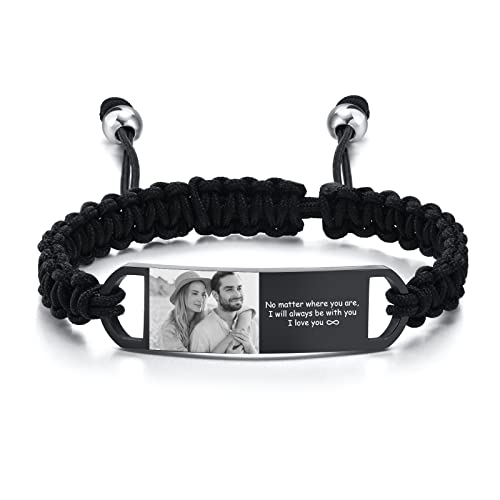Custom Photo Bracelet for Men - Personalized Gifts for Him Her, Customized Picture, Name & Text Engraved Stainless Steel ID Braided Bracelet Wristband Jewelry Valentines Day Father's Day Gift