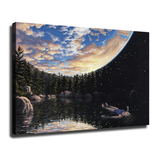 Phenomenon Of Floating by Rob Gonsalves Painting Poster Canvas Painting Posters Prints Wall Art For Room Aesthetic Bedroom Modern Decor Gift (16x24inch,Framed)