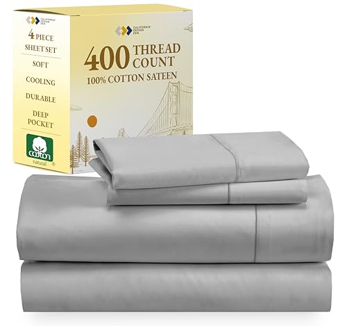 California Design Den 100% Cotton Sheets - Softest 4-Pc Cooling Sheets for Bed, Deep Pockets, 400 Thread Count Sateen, Bedding Sheets & Pillowcases, Queen Sheets (Light Grey)