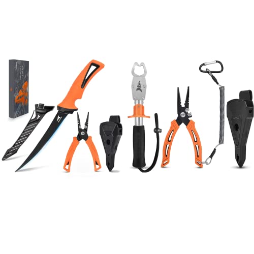 KastKing 7-inch Fishing Pliers and Filet Knife with Molded Sheath,and Fishing Pliers with Fish Lip Gripper