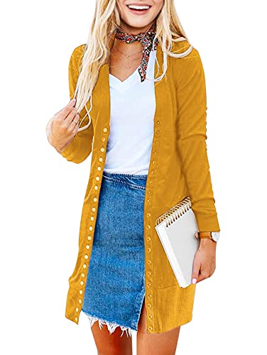 MEROKEETY Women's 2023 Fall Long Sleeve Snap Button Down Solid Color Knit Ribbed Neckline Cardigans Mustard
