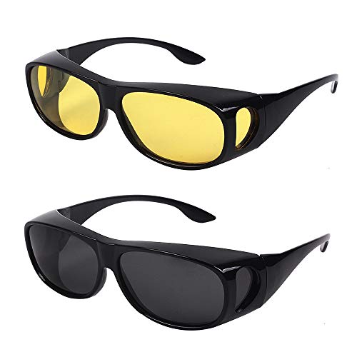2PACKS NIGHT VISION DAY VISION SUNGLASSES WEAR OVER PRESCRIPTION GLASSES,SIZE MEDIUM,POLIZED WRAP AROUND ANTI GLARE