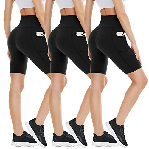 3 Pack Biker Shorts with Pockets for Women – 8' High Waisted Tummy Control Workout Spandex Shorts for Gym Yoga