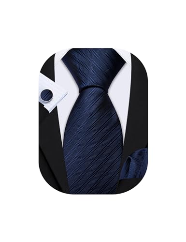 Barry.Wang Men Tie Set Solid Stripe Navy Silk Necktie Handkerchief Cufflinks Formal Business Wedding Party