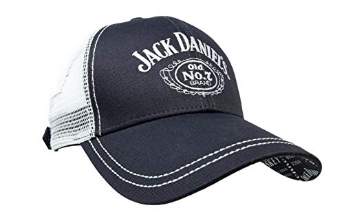 Jack Daniel's Official Patterned Bill Cap – Structured Low-Profile Hat with Old No. 7 Logo on Front and Customized Branding Under Bill Black – Black with White Mesh Backing