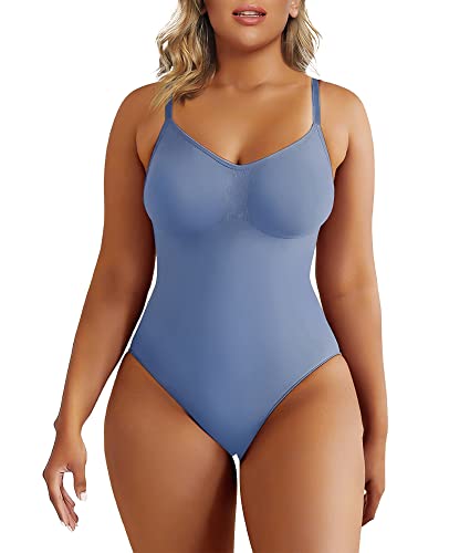 SHAPERX Women's Shapewear Bodysuit Tummy Control Body Shaper Seamless Sculpting Snatched Waist Body Suit，SZ5215-Smokeblue-XXS/XS