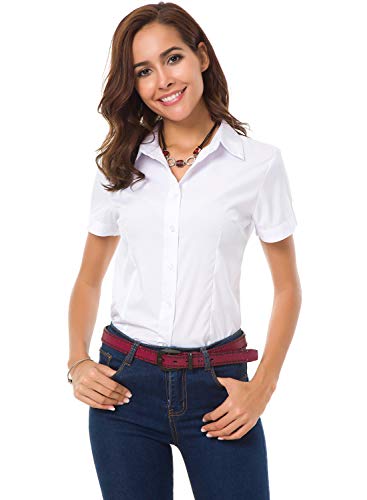 JMSHIHUA Womens Short Sleeve Button Down Shirts Official Collar Blouse Basic Work Casual Shirt White