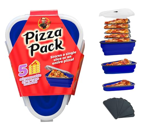The Perfect Pizza Pack - Reusable Pizza Storage Container with 5 Microwavable Serving Trays - BPA-Free Adjustable Pizza Slice Container to Organize & Save Space, Blue