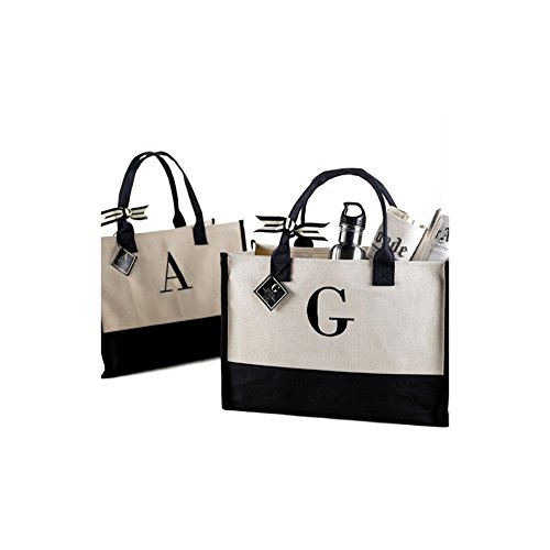 Mud Pie Classic Black and White Initial Canvas Tote Bags (A), 100% Cotton, 17' x 19' x 2'