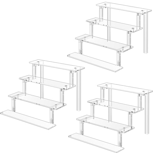 WINKINE Acrylic Stands for Display, 3 Pack Shelf Riser Compatible with Funko Amiibo POP Action Figures, 4 Tier, Tabletop Acrylic Display for Decoration and Organizer