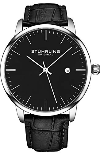 Stuhrling Original Mens Black Watch Calfskin Leather Strap Classic Dress Wrist Watch Minimalist Analog Watch Dial with Date Mens Black Watch (Black)