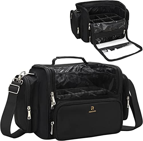 Makeup Brush Bag, Clear Makeup Brush Holder with Lid, Extra Large Capacity Travel Cosmetic Bag Makeup Artist Must Haves, Black Makeup Case, Make Up Organizers and Storage, with Adjustable Dividers