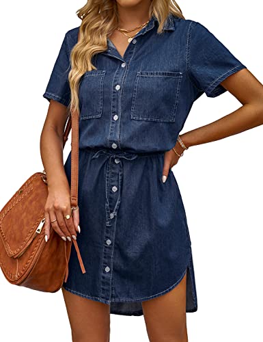 luvamia Women's Casual Denim Shirt Dress Short Sleeves Tie Waist Button Down Jean Tunic Dress Dark Reflections Size L