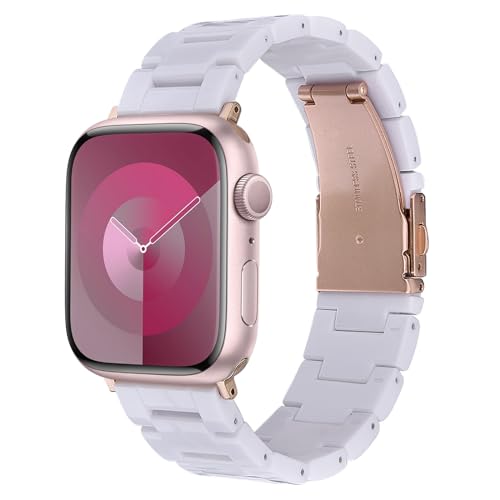 V-MORO Resin Band Compatible with Apple Watch Bands Series 9/8/7 41mm 40mm 38mm iWatch 6/5/4/3/2/1/SE with Stainless Steel Buckle Replacement iWatch Strap Women Men(White-tone, 38mm/40mm/41mm)