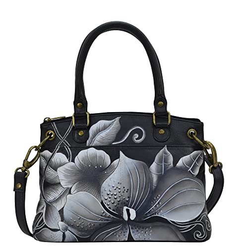 Anna by Anuschka Women's Leather Small Satchel, Midnight Floral Black, One Size US