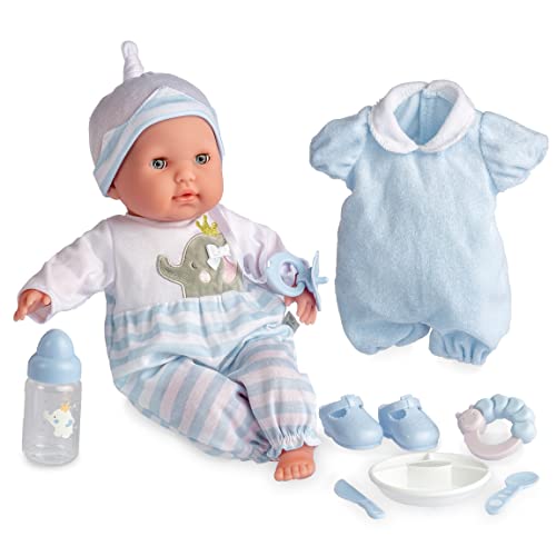 15' Realistic Soft Body Baby Doll with Open/Close Eyes | JC Toys - Berenguer Boutique | 10 Piece Gift Set with Bottle, Rattle, Pacifier & Accessories | Blue | Ages 2+