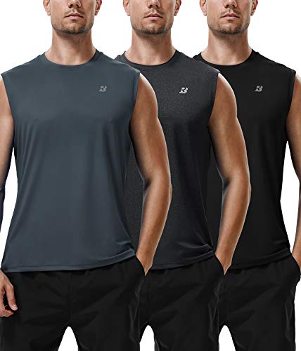 Roadbox Workout Sleeveless Shirts for Men Athletic Gym Basketball Quick Dry Muscle Tank Tops (Black+Grey+Black Heather, 3XL)