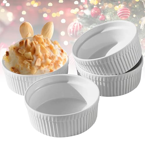 Cinf White 10 oz Set of 4 Souffle Dishes Ramekins Oven Microwave Safe Bowls Creme Brulee Set Sauce Cups for Baking Cooking Dessert Porcelain Pudding Cups