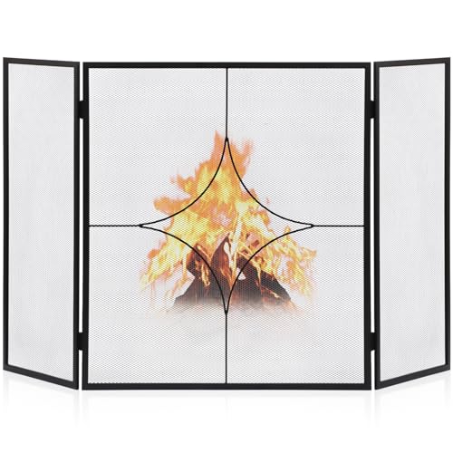 FEED GARDEN 3 Panel Fireplace Screen 48' W x 28' H Modern Foldable with Wrought Metal Decorative Mesh,Arch Heavy Duty Fire Spark Guard Cover for Home Decor Indoor, Black