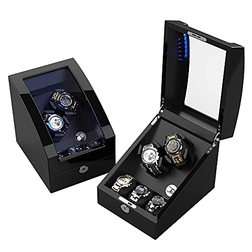 TRIPLE TREE Double Watch Winder+ 3 Soft Leather Watch Pillows LED Automatic Watches Winding Box Wood Shell Mechanical Watch Shaker Japanese Quiet Motor Watch Spinner Case Fit Lady and Man Watches