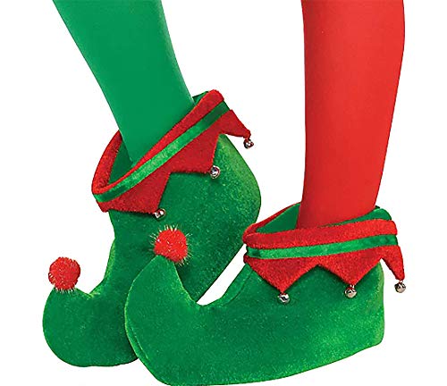 4E's Novelty Elf Shoes for Adults Men & Women, Plush Fabric Elf Slippers - Christmas Elf Costume Accessories. Party Costume Supplies Red, Green