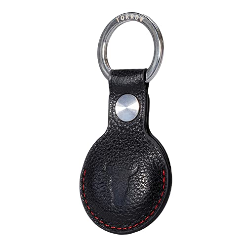 TORRO Genuine Leather AirTag Holder Keychain - Premium Leather Air Tag Case/Cover with Brushed Metal Key Ring (Black with Red Detail)