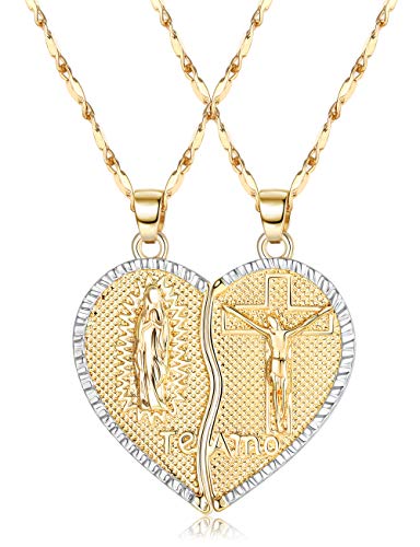 IRONBOX 18K Gold Plated Couples Necklace Virgin Mary Necklace Jesus Necklace Heart Necklace Plated Gold Necklace Couple Jewelry for Him and Her