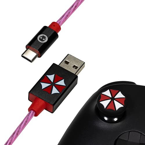 Numskull Official Resident Evil LED USB Type-C Cable and Thumb Stick Grips - 1.5m Fast Charging Lead, Xbox Series X Controller Mod