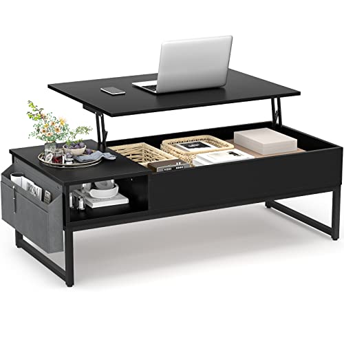 Aheaplus Lift Top Coffee Table with Storage, Wood Lifting Top Central Table Metal Frame, 43.3' Lift Tea Table with Side Pouch, Cocktail Table Modern Pop up Adjustable Table for Living Room, Black
