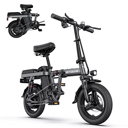 ENGWE T14 Folding Electric Bikes for Adults Teens 350W 19.2MPH 14' Fat Tire Mini Ebike Urban City Commuter Electric Bicycles 48V10AH Removable Lithium Battery with 4 Shock Absorptions Comfort Riding
