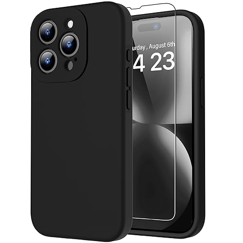 bicol Compatible with iPhone 15 Pro Case with Screen Protector,Enhanced Camera Lens Protection,Soft Liquid Silicone Protective Cover,Slim Fit Protective Phone Case 6.1' Black