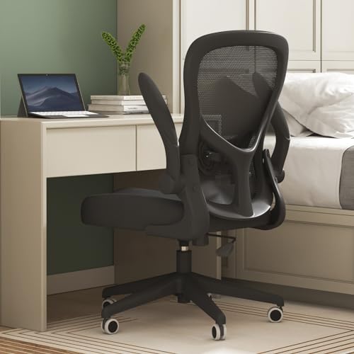 Hbada Office Chair Ergonomic Desk Chair, Office Desk Chairs with PU Silent Wheels, Breathable Mesh Computer Chair with Adjustable Lumbar Support, Flip-up Armrests, Tilt Function, Black