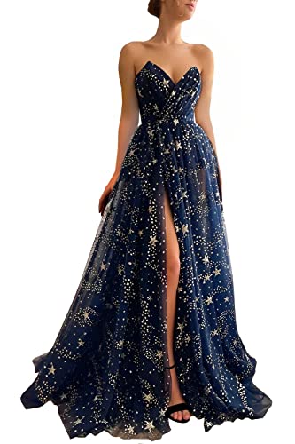 Smileven Women's Strapless Prom Dresses Long 2023 Sparkle Starry Tulle Sleeveless Backless V-Neck A-line Slit Formal Evening Gowns,Navy Blue US18W