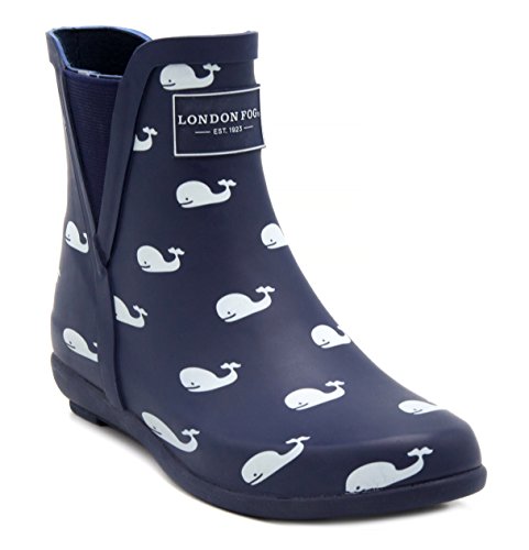 LONDON FOG Womens Piccadilly Rain Boot Navy Whales 8 M US