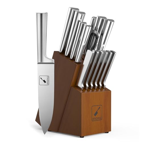 imarku Knife Set - Kitchen Knife Set 15 Pieces Japanese Stainless Steel Knife Block Set with Sharpener - Dishwasher Safe Kitchen Knives - Ultra Sharp Chef Knife Set for Kitchen, Silver