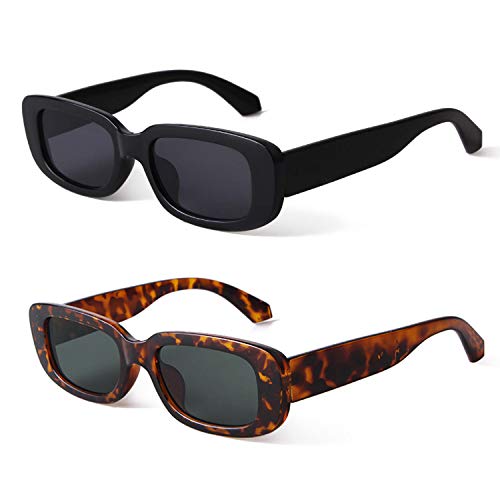 BUTABY Rectangle Sunglasses for Women Retro Driving Glasses 90’s Vintage Fashion Narrow Square Frame UV400 Protection Black & Leopard Green