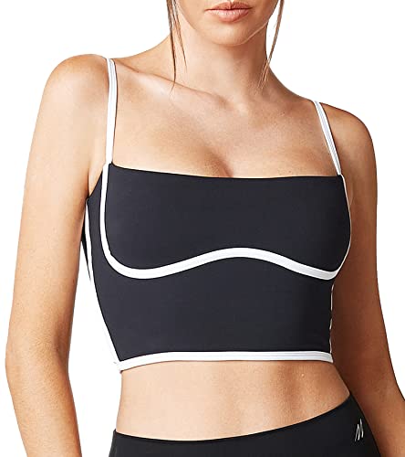 Move With You Sleeveless Spaghetti Strap Padded Sports Bra Tank Tops Square Neck Double Layer Workout Fitness Basic Crop Tops(Black,S)