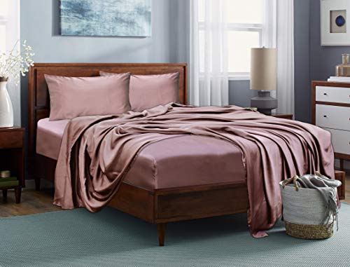 LINENWALAS Queen Fitted Sheet Only, 100% Viscose from Bamboo Silk Sheets, Up to 16” Deep Pocket Snug Fit Cooling Sheets, Soft Bottom Bed Sheet (Queen, Rose Gold)