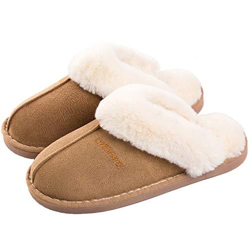 SUSHAN Womens Slippers Soft Plush Warm House Shoes Anti-Slip Fluffy Fur Indoor/Outdoor Slippers Tan 40-41