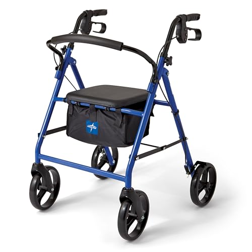 Medline Steel Rollator Walker for Adult Mobility Impairment, Blue, 350 lb. Weight Capacity, 8” Wheels, Foldable, Adjustable Handles, Rolling Walker for Seniors