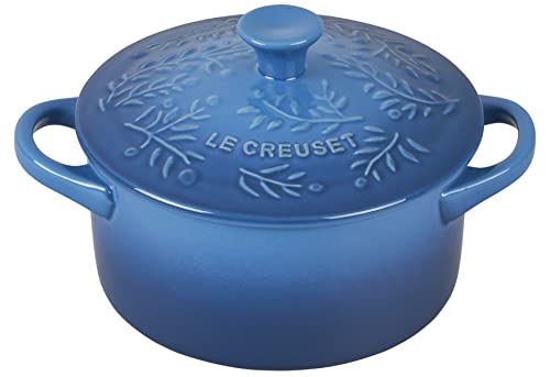 Le Creuset Olive Branch Collection Stoneware Mini Round Cocotte, 24 oz., Marseille with Embossed Lid