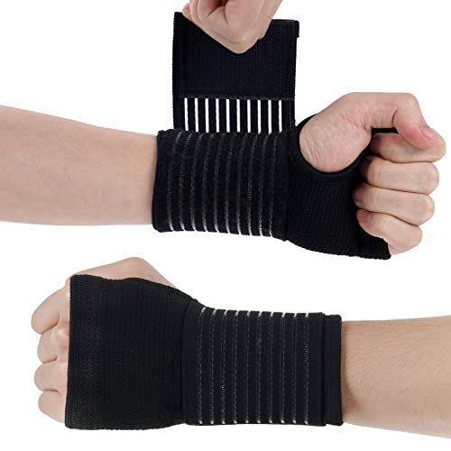 AOOWU Wrist Brace, 2 Pack Elastic Wrist Support with Strap, Wrist Compression Wrap Adjustable Wrist Strap Relieves Wrist Pain, Tendonitis, Sports Use for Men and Women, Right & Lef(Black)