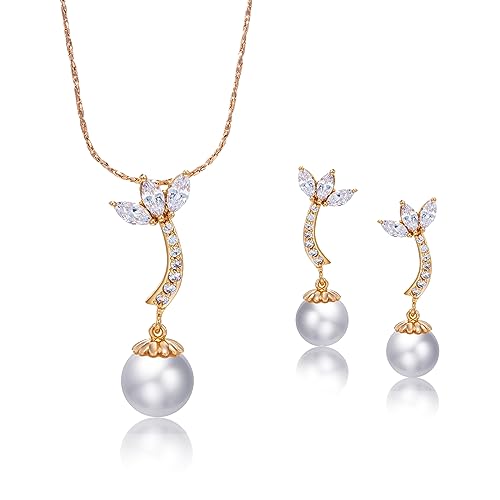 XUPING Pearl Jewelry Set Pendant Necklace Earrings Wedding 18K Gold Plated Fashion Cubic Zirconia Jewelry Set for Women Wedding Party Dainty Gifts