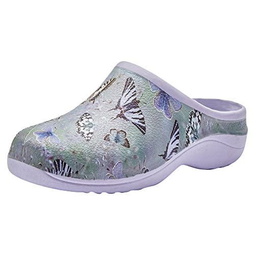 Backdoorshoes Waterproof Premium Garden Clogs for Women with Arch Support, Practical Slip On Outdoor Garden Shoes, Butterfly Design, US 9