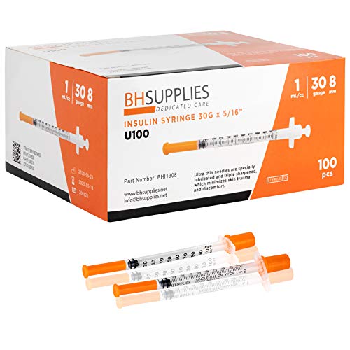 BH Supplies Insulin Syringes U-100 30G 1ml/cc 5/16' (8mm) Pack of 100 Pcs