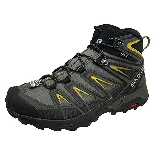 Salomon X Ultra 3 MID Gore-TEX Hiking Boots for Men, Castor Gray/Black/Green Sulphur, 10.5
