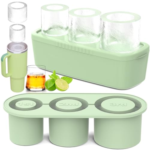 Ice Cube Tray for Stanley Cup 30Oz-40Oz Tumbler, 3 Pcs Silicone Cylinder Ice Mold with Lid and Bin for Freezer, Easy Fill and Release Ice Maker for Whiskey, Cocktail BPA-Free(Green, 40 Oz)